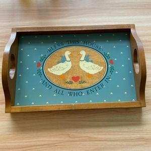 Vintage Bless this House & All Who Enter In Wood Goose Serving Tray Heart Handle
